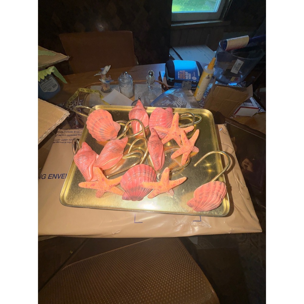 Vintage Coastal Coral Pink Seashell and Starfish Shower Curtain Hooks Set of 12